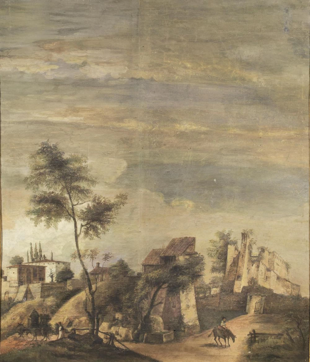 Paesaggio con villa e castello - attribuito